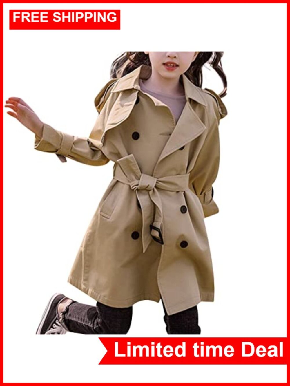 Girls Double Breasted Trench Coat Long Sleeve Belted Windbreaker with Pockets